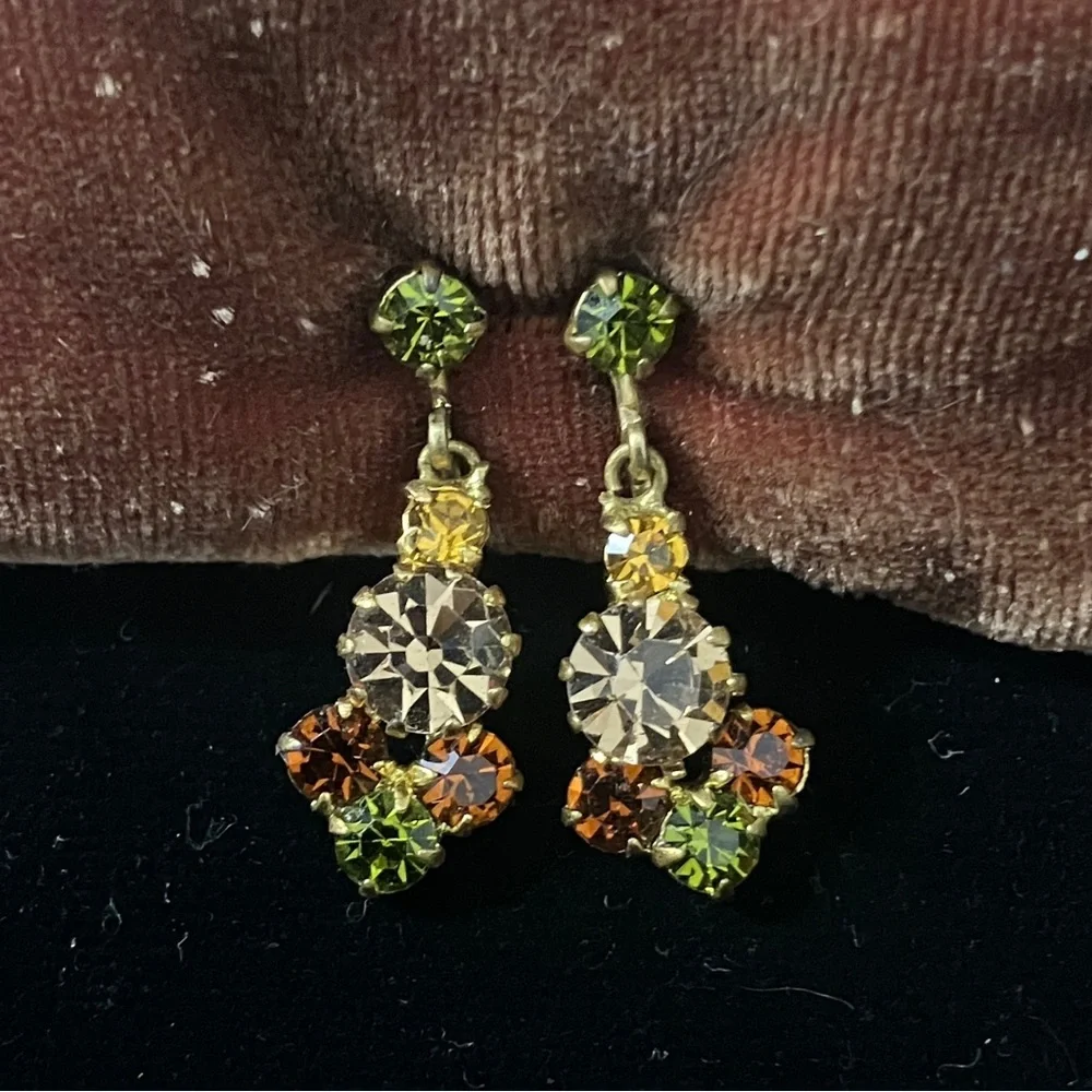Vintage Orange & Green Glass Clip-on Earrings Made in Austria